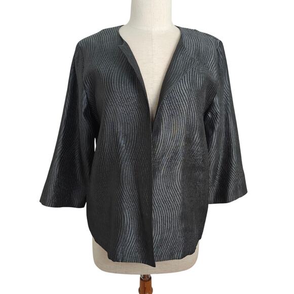 Eileen Fisher Silk Blend Wavy Textured Open Front Jacket Topper Size Medium Gray - Picture 2 of 9